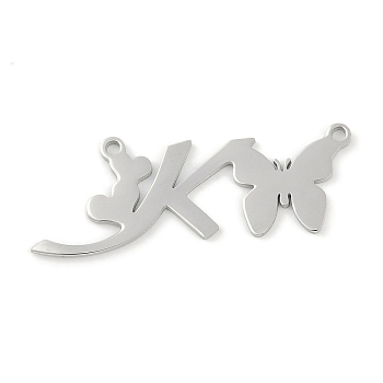 Non-Tarnish 304 Stainless Steel Pendants, Letter & Butterfly Charms, Letter K, 11.5x31x0.9mm, Hole: 1.2mm