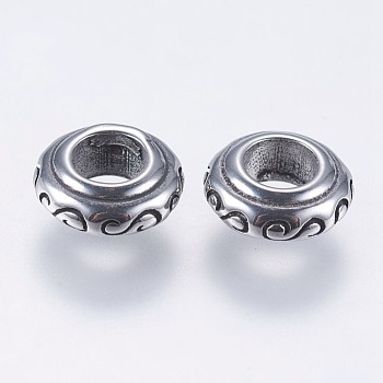 304 Stainless Steel European Beads, Large Hole Beads, Rondelle with Floral Pattern, Antique Silver, 9x3.5mm, Hole: 4mm