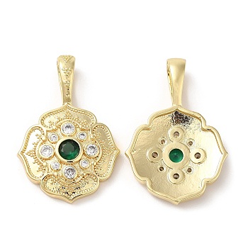 Brass Micro Pave Cubic Zirconia Pendants, with Glass, Lead Free & Cadmium Free, Flat Round, Real 18K Gold Plated, 32x21.5x4mm, Hole: 8X5mm
