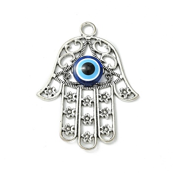 Blue Evil Eye Alloy Big Pendants, Lucky Eye Charms, Antique Silver, Hamsa Hand, 53x39.5x5.5mm, Hole: 4mm