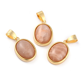 Natural Sunstone Pendants, with Golden Brass Findings, Oval, 21.5x14x6mm, Hole: 7x4mm