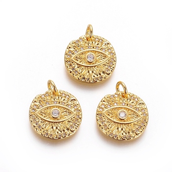 Brass Rough Surface Charms, with Micro Pave Cubic Zirconia and Jump Rings, Flat Round with Evil Eye, Clear, Golden, 14.5x2mm, Hole: 3mm