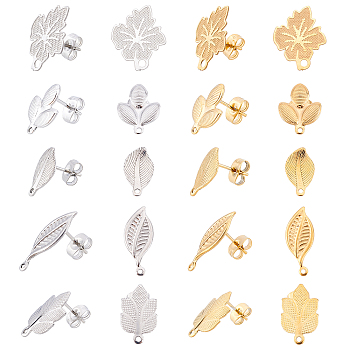20Pcs 10 Style 304 Stainless Steel Stud Earring Findings, with Loop and Ear Nuts/Earring Backs, Leaf, Mixed Color, 13.5~18x8~14.5mm, Hole: 1~1.8mm, Pin: 0.7mm, 2pcs/style