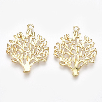 Brass Pendants, Tree, Real 18K Gold Plated, 29x23x2mm, Hole: 1.8mm