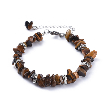 Natural Tiger Eye Chip Bracelets, with Flat Round Tibetan Style Alloy Spacers Beads and Stainless Steel Findings, 7-1/4 inch~7-3/8 inch(18.4~18.8cm)