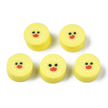 Handmade Polymer Clay Beads, for DIY Jewelry Crafts Supplies, Flat Round with Duck, Yellow, 8.5~9.5x4~5mm, Hole: 1.6mm