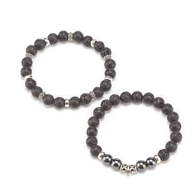 2pcs 2 style bracelets extensibles en pierre de lave naturelle et hématite synthétique sertis de tube en alliage perlé(BJEW-JB08319)-4