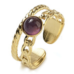 Natural Amethyst Finger Rings, 304 Stainless Steel Open Cuff Rings Ion Plating(IP), Real 18K Gold Plated, 8.5mm, Adjustable(RJEW-U027-06G-05)