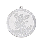 304 Stainless Steel Pendants, Flat Round with St. Michael Archangel Charm, Stainless Steel Color, 27.5x25x1.5mm, Hole: 1.4mm(STAS-I368-02P)