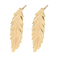 Brass Stud Earrings, Feather, Real 18K Gold Plated, 33x8mm(EJEW-K264-07G)