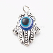 Alloy Pendants, with Resin Beads, Hamsa Hand with Evil Eye, Antique Silver, Royal Blue, 25x17x7.5mm, Hole: 2.5mm(PALLOY-JF00701-01)
