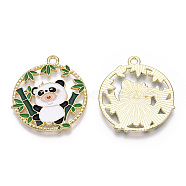 Alloy Enamel Pendants, Flat Round with Panda Charm, Real 14K Golden Plated, Green, 28x25x1.5mm, Hole: 1.8mm(ENAM-D047-01G-06)