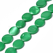 Spray Painted Natural Freshwater Shell Beads Strands, Flat Round, Green, 12.5x3mm, Hole: 1mm, about 32pcs/strand, 15.63 inch(39.7cm)(SHEL-C003-05C)