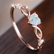 Alloy Finger Rings, with Brass Micro Pave Cubic Zirconia and Opal Finding, Heart, US Size 7(17.3mm)(FS-WGB42E9-16)