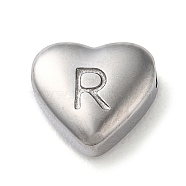 201 Stainless Steel Beads, Stainless Steel Color, Heart, Letter R, 7x8x3.5mm, Hole: 1.5mm(STAS-M335-01R-P)