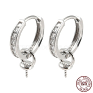 Rhodium Plated 925 Sterling Silver Micro Pave Cubic Zirconia Hoop Earring Findings, with Peg Bails, for Half Drilled Beads, Real Platinum Plated, 28x12.5x2.2mm, Pin: 0.7mm(STER-P051-04P)