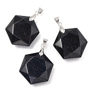Faceted Synthetic Blue Goldstone Pendants, with Platinum Tone Brass Findings, Hexagon, 28x25x9mm, Hole: 4x5mm(G-F340-03M)