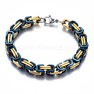 Ion Plating(IP) Two Tone 201 Stainless Steel Byzantine Chain Bracelet for Men Women, Real 18K Gold Plated, Dark Blue, 8-1/2 inch(21.5cm)(BJEW-S057-86A-02)