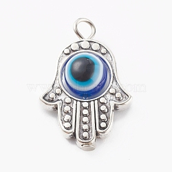 Alloy Pendants, with Resin Beads, Hamsa Hand with Evil Eye, Antique Silver, Royal Blue, 25x17x7.5mm, Hole: 2.5mm(PALLOY-JF00701-01)