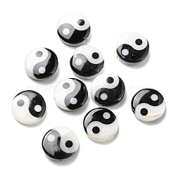 Printed Natural Freshwater Shell Beads, Yin Yang Flat Round Beads, Black, 11~12x3~3.5mm, Hole: 0.8mm(SHEL-R129-07B-01)