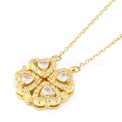 Brass Pave Cubic Zirconia Heart Clover Pendant Necklaces, Ion Plating(IP) Golden Tone 304 Stainless Steel Cable Chain Necklaces for Women, Clear, 16.73 inch(42.5cm)(NJEW-K276-01G-03)