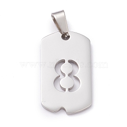 304 Stainless Steel Pendants, Rectangle with Number, Stainless Steel Color, Num.8, 27.5x14.5x1.5mm, Hole: 7.5x3mm(STAS-H144-02P-8)