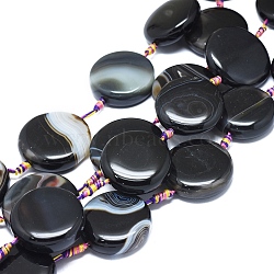 Natural Banded Agate/Striped Agate Beads Strands, Dyed & Heated, Flat Round, Black, 33~35x11~13mm, Hole: 1.8mm, about 8pcs/Strand, 14.76 inch(37.5cm)(G-L544-057)