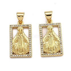 Brass Micro Pave Clear Cubic Zirconia Pendants, Long-Lasting Plated, Rectangle with Jesus, Real 18K Gold Plated, 25x11x1.5mm, Hole: 2.5x3.5mm(ZIRC-J025-52G)