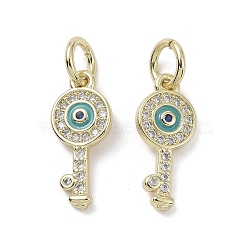 Real 18K Gold Plated Brass Micro Pave Cubic Zirconia Pendants, with Enamel and Jump Ring, Key Charms, Turquoise, 17.5x7x2mm, Hole: 3.4mm(KK-L209-068G-01)