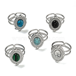 Oval 304 Stainless Steel Open Cuff Rings, Synthetic Malachite & Turquoise Finger Rings for Women Men, Stainless Steel Color, US Size 6(16.5mm)(STAS-Z060-12P)