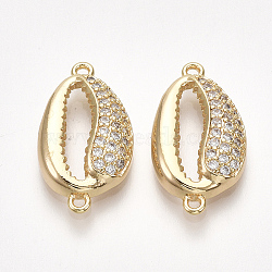 Brass Cubic Zirconia Links, Cowrie Shell Shape, Nickel Free, Real 18K Gold Plated, Clear, 21x11x3.5mm, Hole: 1.2mm(X-KK-S350-378)