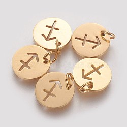 304 Stainless Steel Pendants, with Jump Ring, Laser Cut, Flat Round with Constellation/Zodiac Sign, Golden, Sagittarius, 12x1mm, Hole: 3mm(A-STAS-Q201-T445-9G)