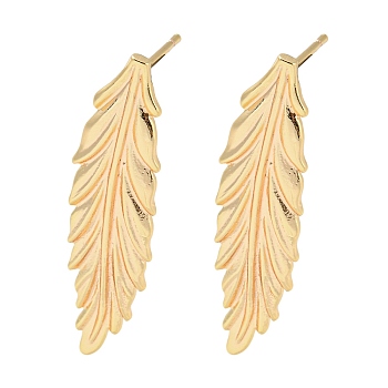 Brass Stud Earrings, Feather, Real 18K Gold Plated, 33x8mm