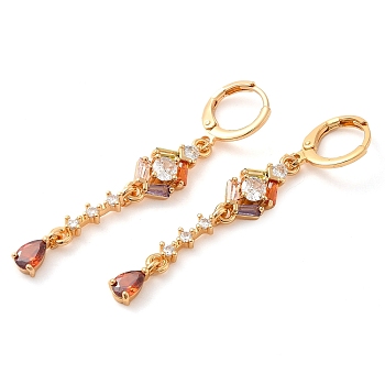 Rack Plating Golden Brass Dangle Leverback Earrings, with Cubic Zirconia, Teardrop, Colorful, 51x8mm