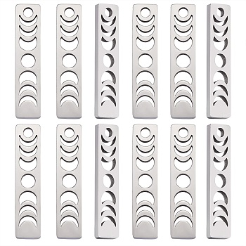 20Pcs 304 Stainless Steel Pendants, Rectangle with Phase of the Moon, Stainless Steel Color, 26x6x1.5mm, Hole: 2mm