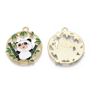 Alloy Enamel Pendants, Flat Round with Panda Charm, Real 14K Golden Plated, Green, 28x25x1.5mm, Hole: 1.8mm