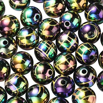 UV Plating Rainbow Iridescent Acrylic Beads, Drawbench, Round, Black, 15.5x15mm, Hole: 2.7mm