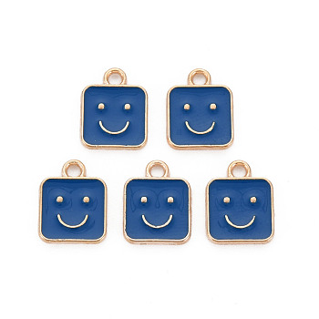 Alloy Enamel Charms, Cadmium Free & Lead Free, Light Gold, Square with Smile, Marine Blue, 13x10x1.5mm, Hole: 1.6mm