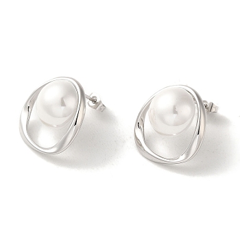 304 Stainless Steel Stud Earrings, with Resin Bead, Oval, Stainless Steel Color, 19x18.5mm