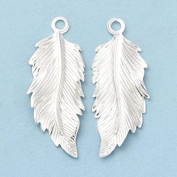 Brass Pendants, Cadmium Free & Lead Free, Leaf Charm, 925 Sterling Silver Plated, 32x12.5x1mm, Hole: 2mm