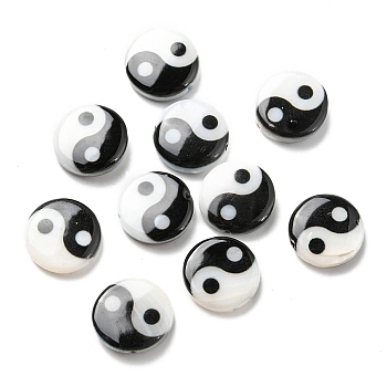 Printed Natural Freshwater Shell Beads, Yin Yang Flat Round Beads, Black, 11~12x3~3.5mm, Hole: 0.8mm