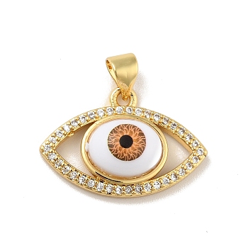 Brass Micro Pave Cubic Zirconia Pendants, with Acrylic, Cadmium Free & Lead Free, Long-Lasting Plated, Evil Eye, Real 18K Gold Plated, Saddle Brown, 15x22.5x6mm, Hole: 4x3.5mm