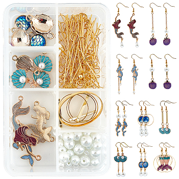 SUNNYCLUE 133Pieces DIY Ocean Style Earring Kits, Including Mermaid & Shell Shape Alloy Enamel Findings, Brass Findings, Iron Rolo Chains & Links, Glass Pearl Beads, Golden, 27x18.5x3mm, Hole: 1.5mm, 2pcs