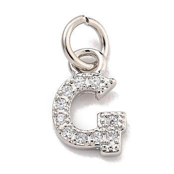 Initial Letter Brass with Cubic Zirconia Charms, Platinum, Long-Lasting Plated, Lead Free & Cadmium Free, Letter G, 9.5x6.5x1.5mm, ring: 5x1mm, inner diameter: 3mm