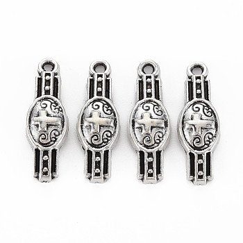 Tibetan Style Alloy Pendants, Cadmium Free & Lead Free, Oval with Cross, Antique Silver, 22.5x7.5x4mm, Hole: 1.4mm, about 1100pcs/1000g