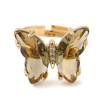 Adjustable Brass Glass Finger Rings, with Clear Cubic Zirconia, Butterfly, Golden, Slate Gray, Size 7, Inner Diameter: 17mm