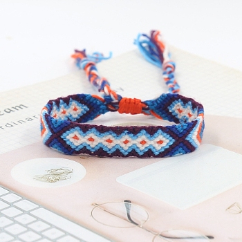 Ethnic Style Rhombus Polyester Braided Cord Bracelet, Adjustable Bracelet, Medium Blue, 5-7/8 inch(15cm)