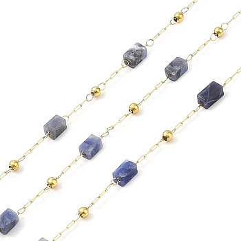 Ion Plating(IP) 304 Stainless Steel Link Chains, Natural Sodalite Beads & Spool, Soldered, Real 18K Gold Plated, 6.5x2.5x2.5mm, about 32.81 Feet(10m)/Roll