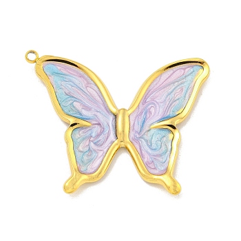 Ion Plating(IP) 304 Stainless Steel Pendants, with Enamel, Real 18K Gold Plated, Butterfly Charm, Thistle, 36.5x35x2mm, Hole: 1.5mm