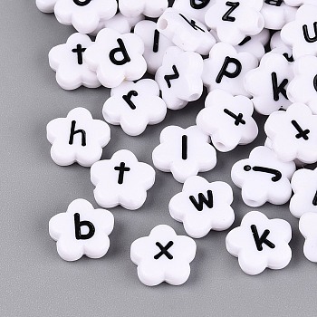 Opaque Acrylic Beads, Flower with Letter Pattern, White, 11x11x4mm, Hole: 1.8mm, about 1560pcs/500g